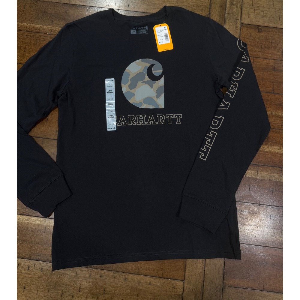 Carhartt Boys Long Sleeve Camo C Logo Graphic T-Shirt Caviar Black L 14-16 NWT